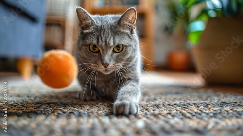 Playful Cat Engaged With Ball