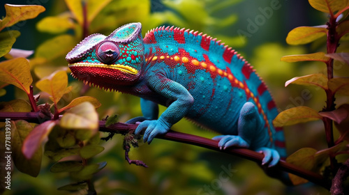 The vivid hues of a chameleon, dynamically altering its coloration to blend with its surroundings. © Abdul