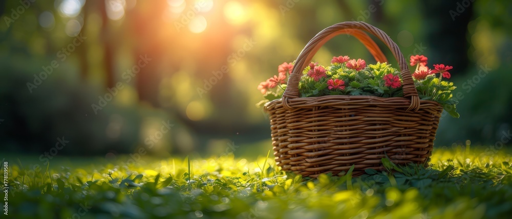a basket filled with flowers sitting on top of a lush green grass covered field with the sun shining through the trees. a basket filled with flowers sitting on top of a lush green grass covered field with the sun shining through the trees.