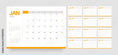 Monthly calendar template for 2025 year. Wall or desk calendar in a minimalist style. Diary planner for 2025 year. Week Starts on Sunday. 