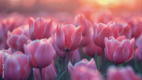 Field of Pink Tulips With Sun Setting
