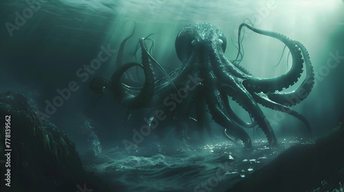 A colossal giant squid hovering in the abyss, its massive form casting shadows against the faintly illuminated waters, with ample space for text or graphics in the foreground photo