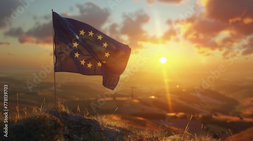 European Flag Flying Against Sunset