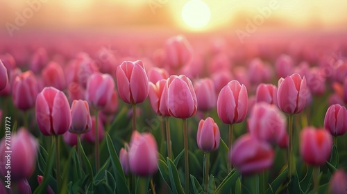 Field of Pink Tulips at Sunset