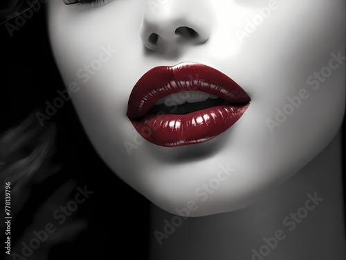 An alluringly intimate portrait of a woman's elegant features on black and white photography. Her lips exude sensuality and mystery. © Graphic Gem Market
