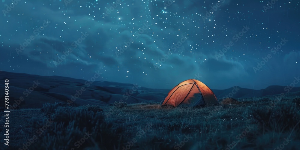 A small orange tent is set up in a field at night