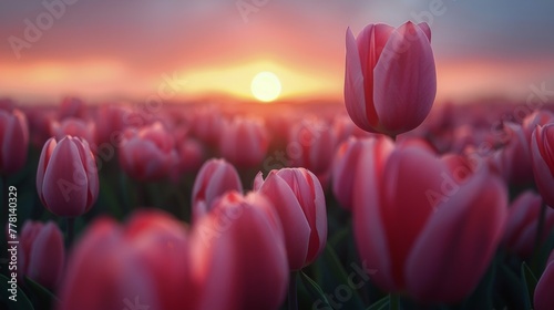 Pink Tulip Field at Sunset