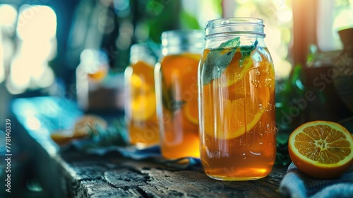 Three mason jars filled with orange juice and mint sit on a wooden table