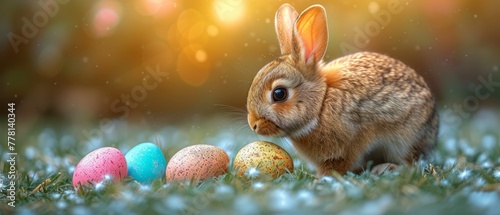 a rabbit sitting in the grass next to a row of decorated easter eggs with the sun shining through the trees in the background.