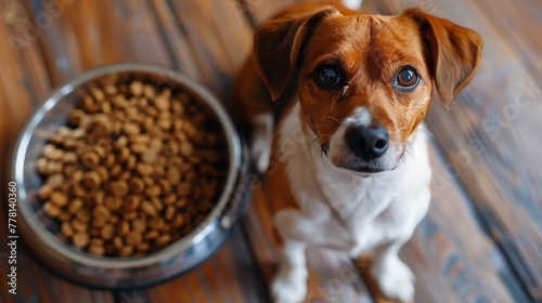 Brown and White Dog Sitting Next to a Bowl of Food