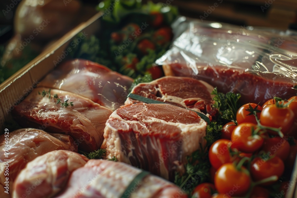 A box of meat and vegetables, including tomatoes and parsley A box of meat and vegetables, including tomatoes and parsley