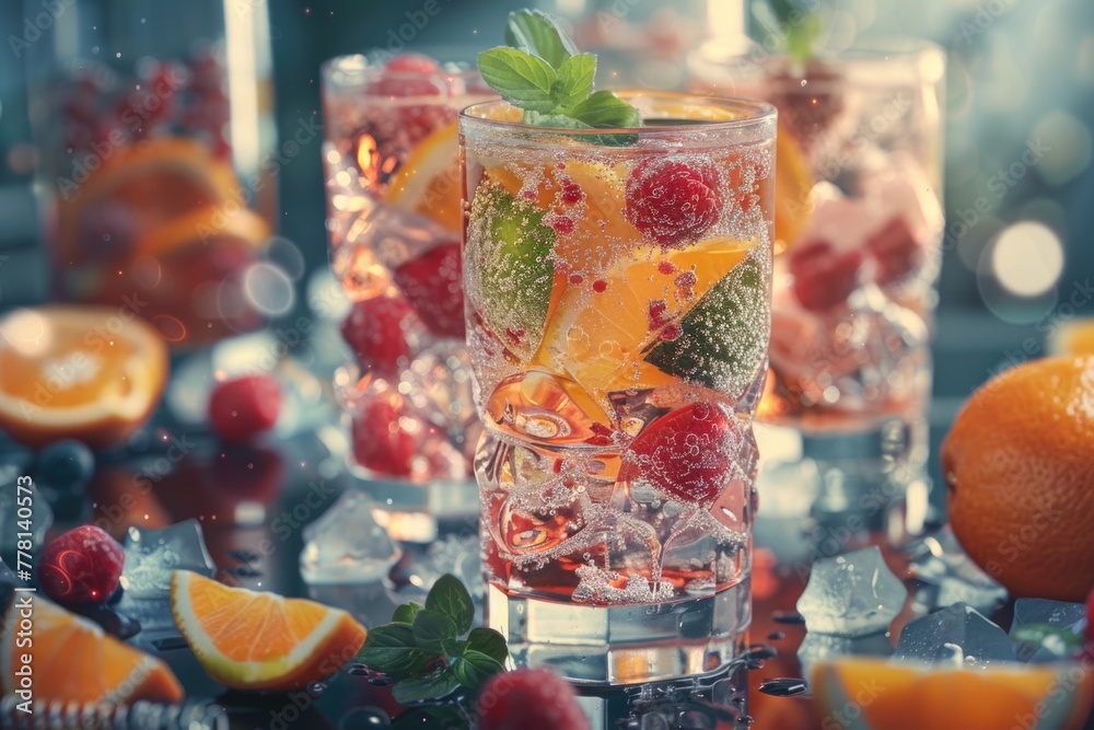 A glass of mixed fruit juice with a garnish of mint and raspberries