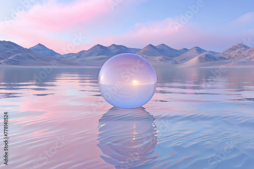 A sphere reflects surroundings on calm waters, framed by mountains, evoking peace and magic