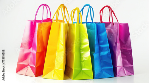 A row of colorful shopping bags are displayed on a white background