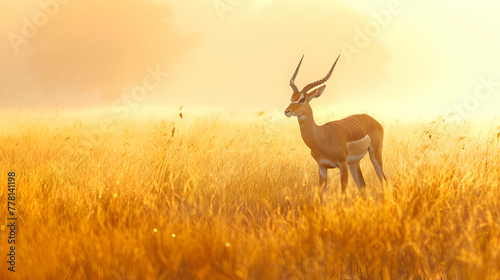 A lone antelope standing tall amidst golden grasslands  the morning mist creating an ethereal atmosphere