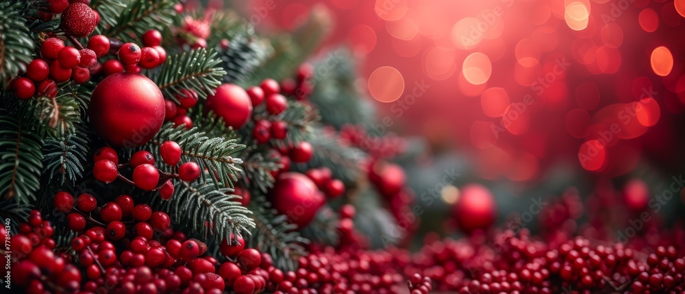 a close up of a christmas tree with red baubles and greenery in front of a red background.