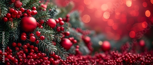 a close up of a christmas tree with red baubles and greenery in front of a red background.
