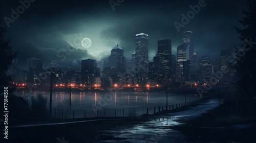 Dark and moody cityscape at nightfall