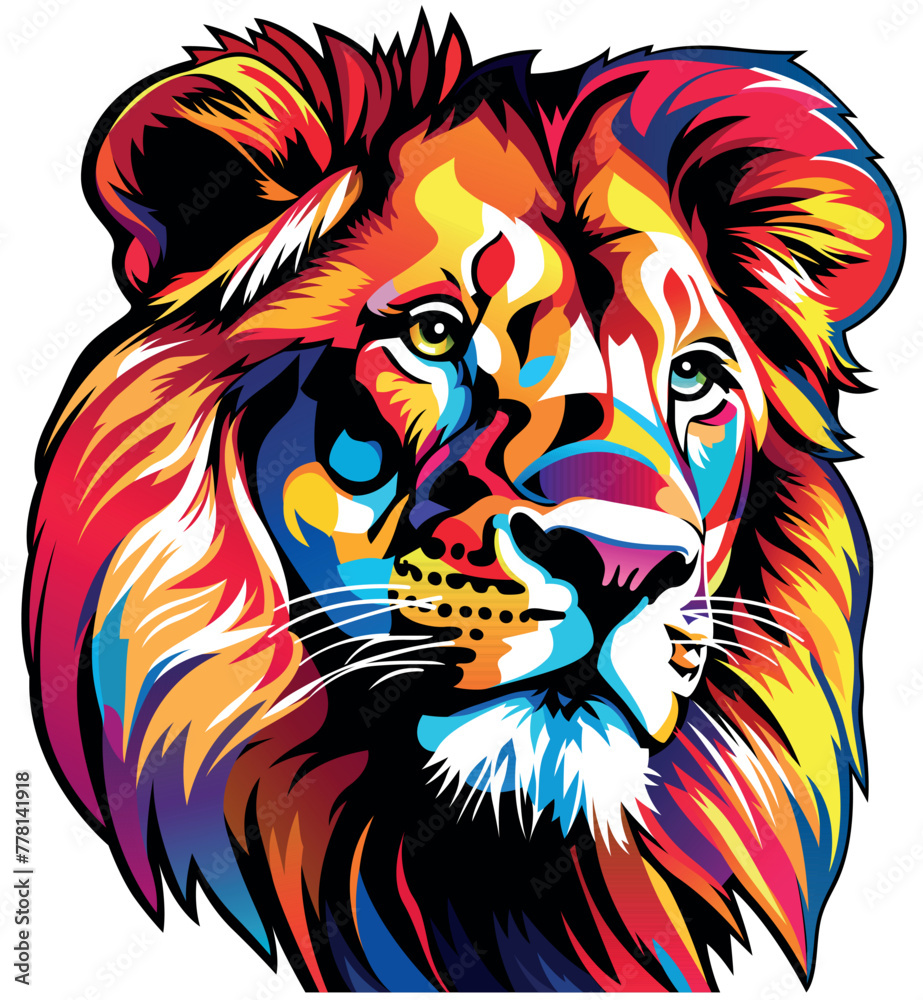 A Colorful Lion Portrait - Artistic Illustration or Textile Print Motif Isolated on White Background, Vector