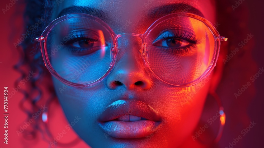 a close up of a person wearing a pair of glasses with a red and blue light shining through the lens. a close up of a person wearing a pair of glasses with a red and blue light shining through the lens.
