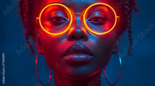 a woman with neon lights on her face and large round glasses on her face, with braids in front of her eyes.