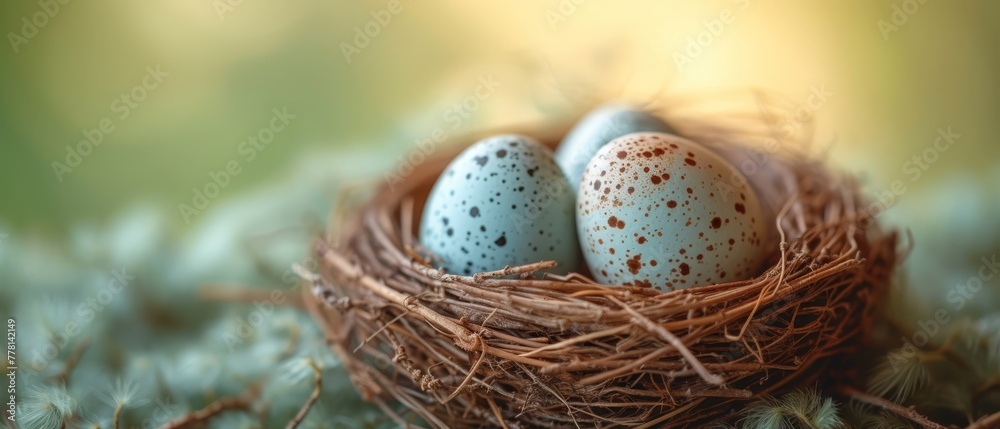 two eggs sitting in a nest on top of a bed of green grass with sunlight shining through the window behind them.