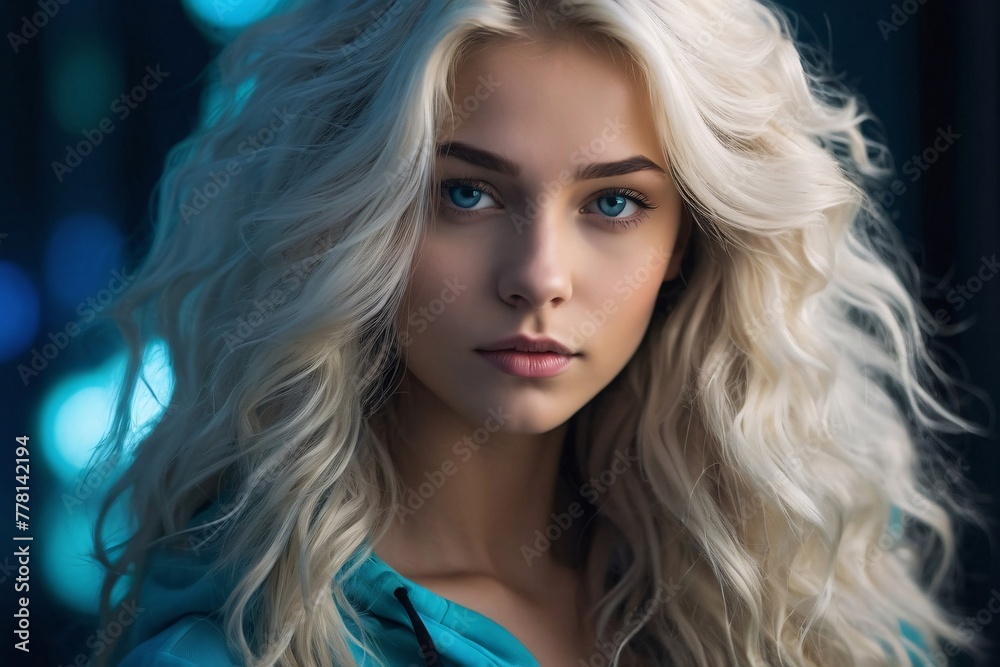 realistic portrait of a 21-year-old fit beautiful nordic woman wearing a minimalistic bright turquoise gym outfit. realistic portrait of a 21-year-old fit beautiful nordic woman wearing a minimalistic bright turquoise gym outfit.
