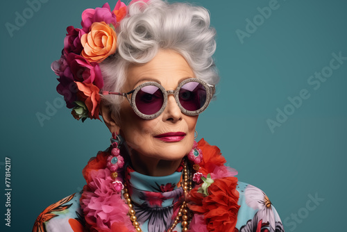 Stylish senior woman portrait. Cute grandmother wearing extravagant clothes with eclectic accessories. Funny old woman with grey hair, fashion model on colored background © Yelyzaveta