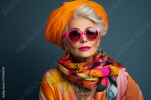 Extravagant senior woman portrait. Stylish grandmother dressing elegant clothes with modern eclectic accessories. Funny old woman, cool senior fashion model on colored background © Yelyzaveta