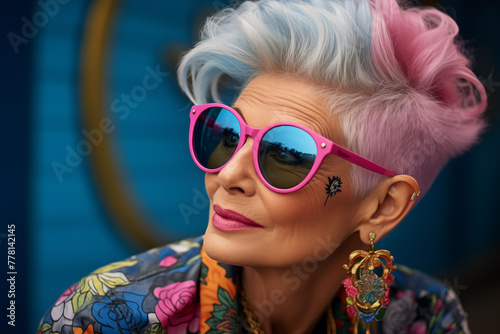 Stylish senior woman portrait. Funny grandmother wearing extravagant clothes with eclectic accessories. Cool old woman with colorful hair, fashion model on colored background © Yelyzaveta