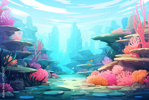 Underwater landscape. Oceanic background with seaweed, corals, fish. Ocean sea life in modern flat design. Trendy cartoon illustration © Yelyzaveta