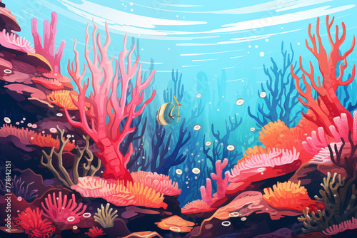 Underwater colorful landscape. Oceanic background with seaweed, corals, fish. Ocean sea life in modern flat design. Trendy cartoon illustration © Yelyzaveta