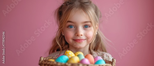 a little girl holding a basket full of colorfully painted eggs in front of her face  against a pink background.