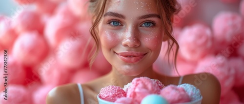 a beautiful young woman holding a bowl of pink and blue icecream in front of a backdrop of pink flowers.