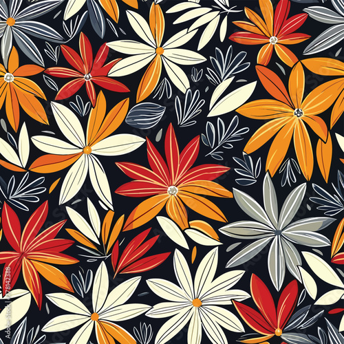 Vector Seamless Watercolor Pattern colorful Design - Texture a black background with orange and white flowers