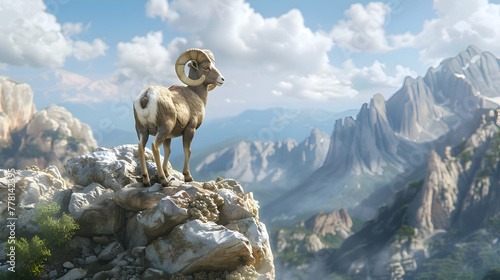 A majestic Bighorn sheep standing proudly atop a rocky outcrop, gazing into the distance with a rugged mountain backdrop photo