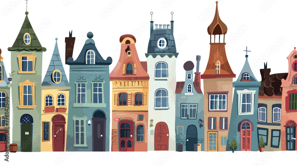 Old town street Flat vector isolated on white background