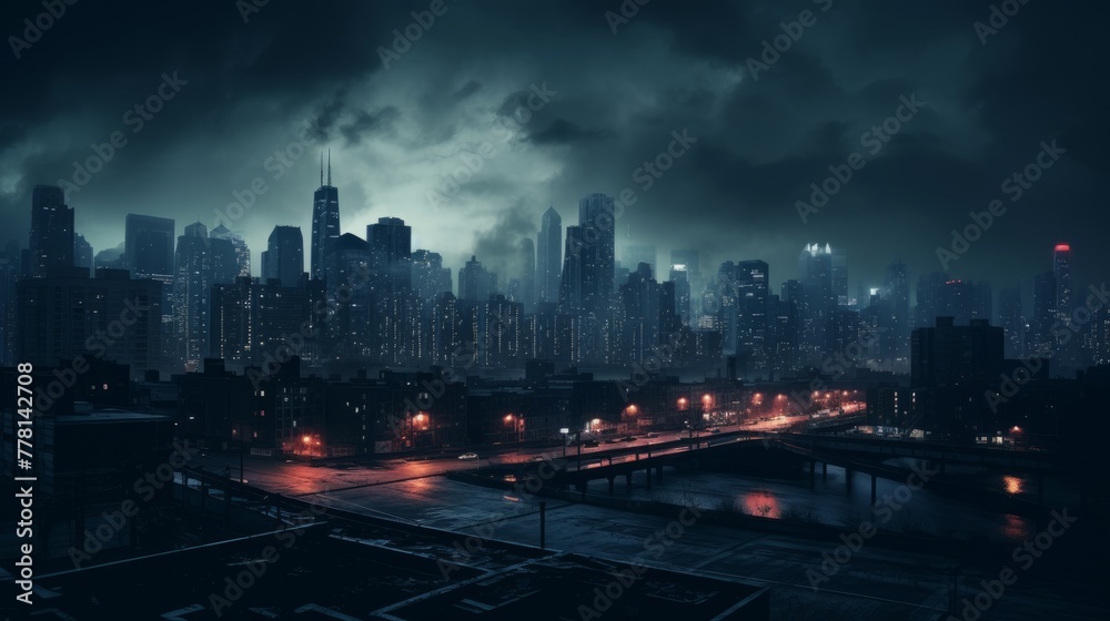 Moody urban cityscape at night