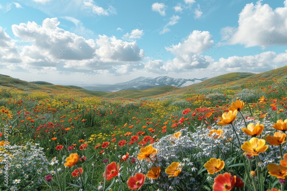 Wildflowercovered hills roll under the sky, earths mosaic ,3DCG,clean sharp focus