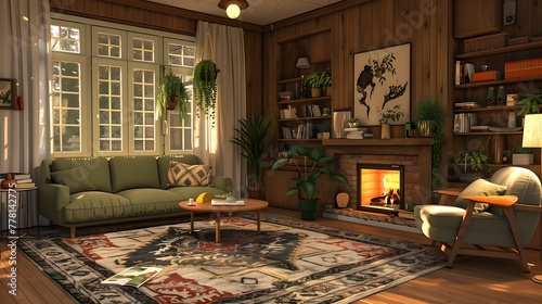 A cozy retro living room with a fireplace, a plush rug, and a comfortable sectional sofa, inviting you to curl up with a good book on a lazy afternoon