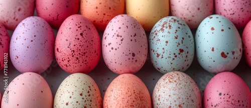 a close up of a group of eggs with speckled eggs in the middle of each egg, all in different colors.