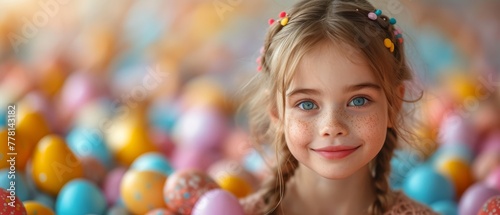 a close up of a young girl with blue eyes surrounded by colored eggs in a room filled with fake eggs.