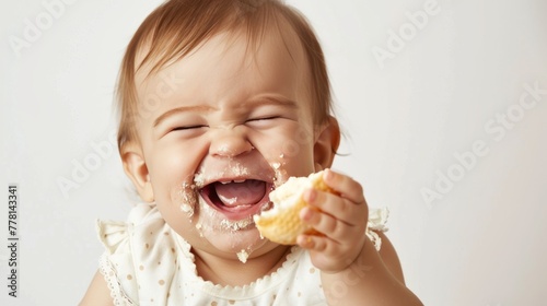 A baby is eating a piece of cake and laughing