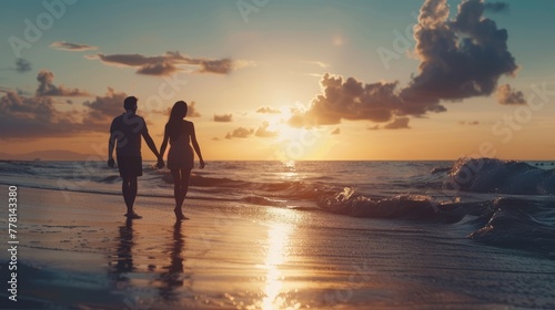 A couple walking on the beach at sunset