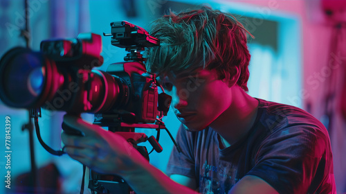 A man is holding a camera and looking at it © esp2k