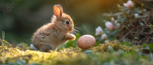 a small rabbit standing next to an egg on a field of grass with pink flowers in the background and a brown egg in the foreground.