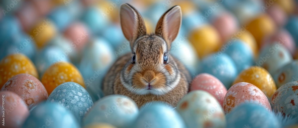 a close up of a bunny surrounded by many colored eggs in the shape of a ballon de poule.