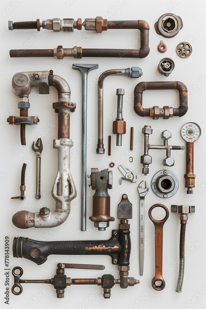 Fototapeta premium plumbing tools and equipment on white background. Generative Ai