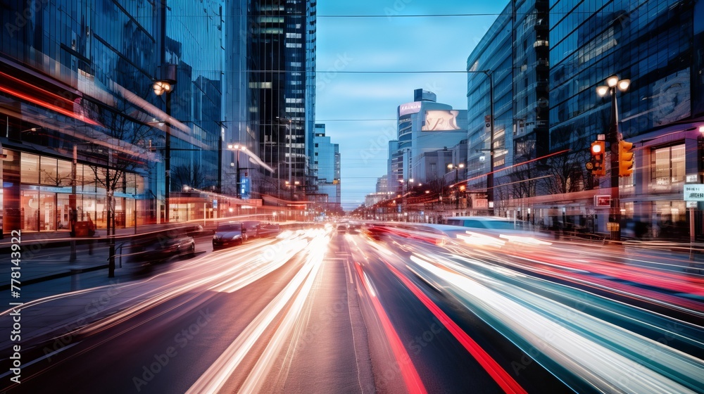 A time lapse photo of a busy city street with blurred motion