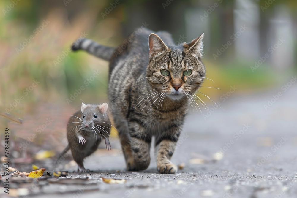 Cat and mouse walking together